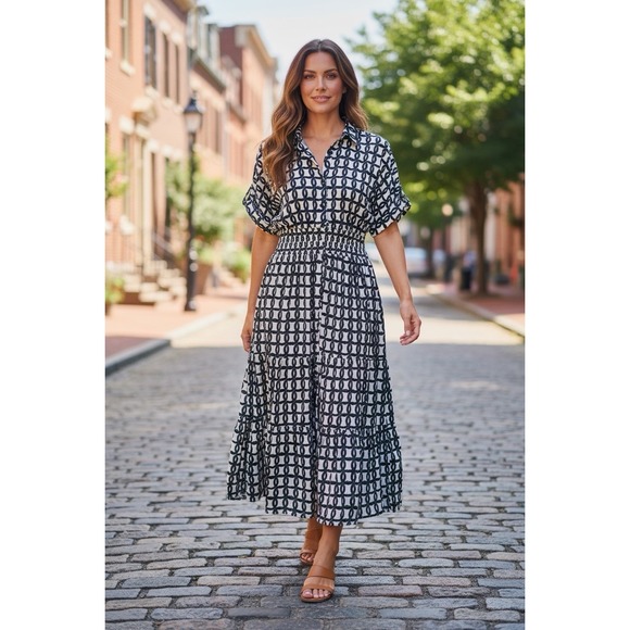 Anthropologie Dresses & Skirts - Anthropologie The Somerset Maxi Dress Shirt Navy & White Geometric Smock Waist S
